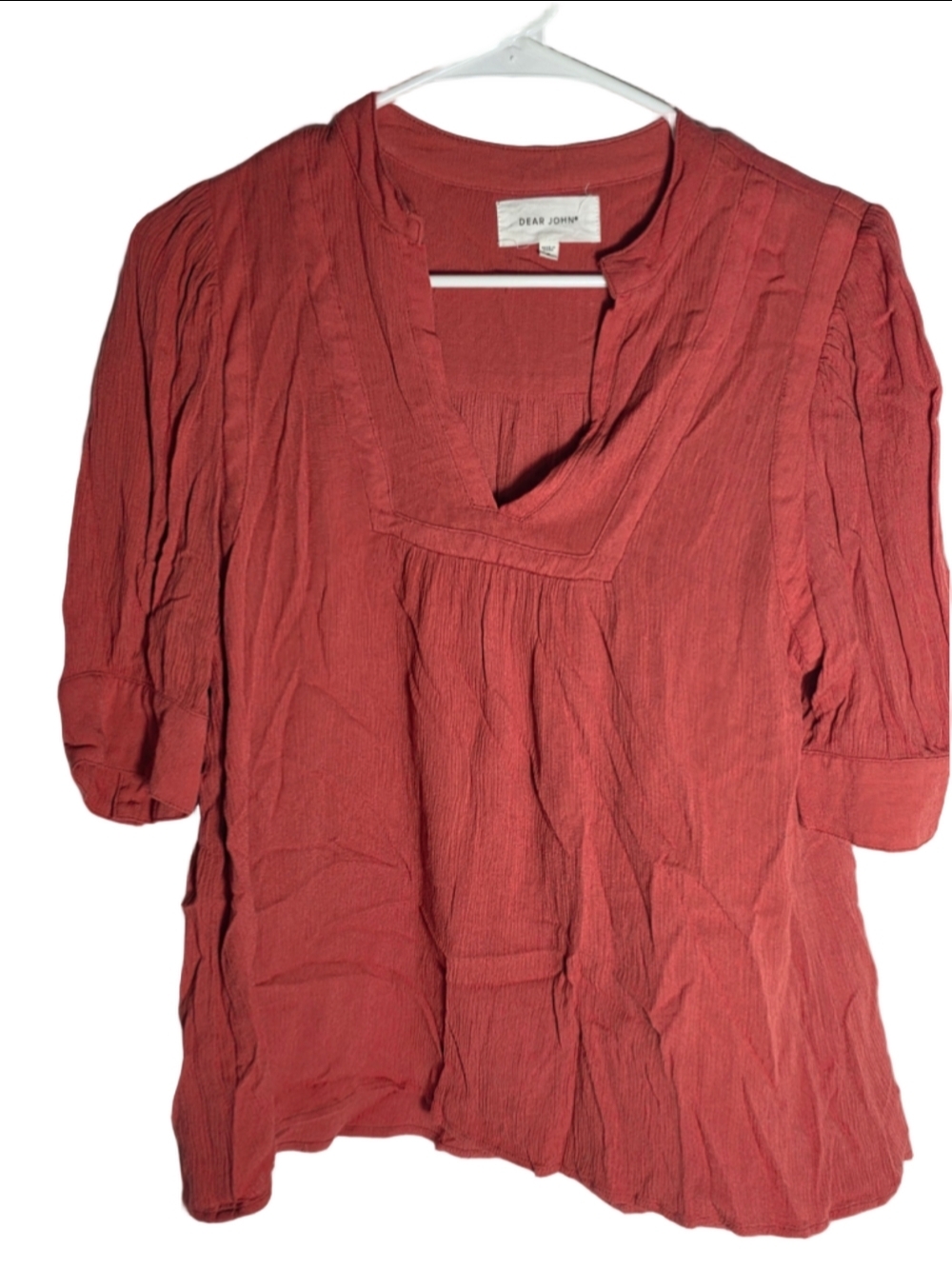 Women's Dear John Blouse Size S burnt orange Red V-Neck Textured Top fall